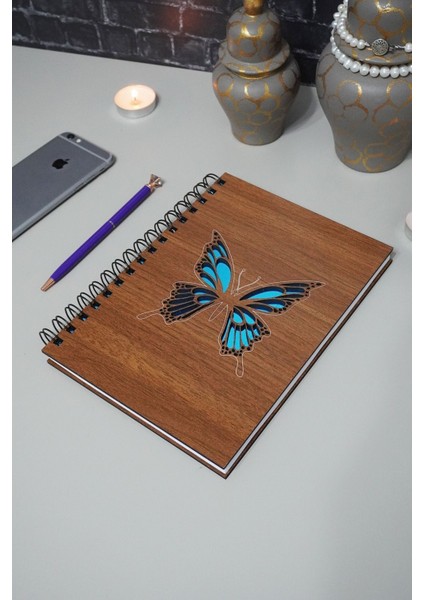 Kelebek Desenli Planlayıcı Ahşap Defter - Günlük Planlayıcı - Tarihsiz Ajanda (90 Sayfa)