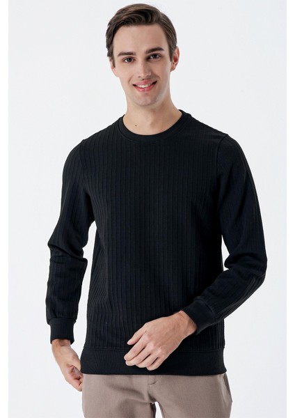 Siyah Uzun Kollu Örme Bisiklet Yaka Likralı Casual Comfort Fit Sweatshirt 1013235104