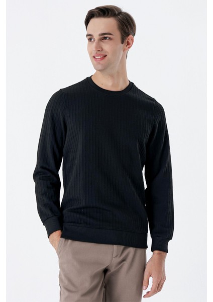 Siyah Uzun Kollu Örme Bisiklet Yaka Likralı Casual Comfort Fit Sweatshirt 1013235104