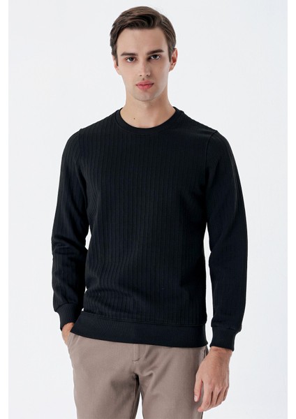 Siyah Uzun Kollu Örme Bisiklet Yaka Likralı Casual Comfort Fit Sweatshirt 1013235104