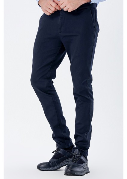 Koyu Lacivert Desenli Armürlü Pamuklu Yan Cepli Slim Fit Dar Kesim Casual Pantolon 1003235120 fiyatları