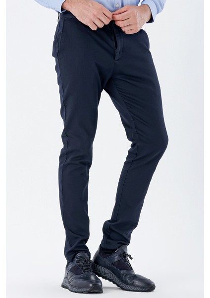 Koyu Lacivert Desenli Armürlü Pamuklu Yan Cepli Slim Fit Dar Kesim Casual Pantolon 1003235120 modelleri