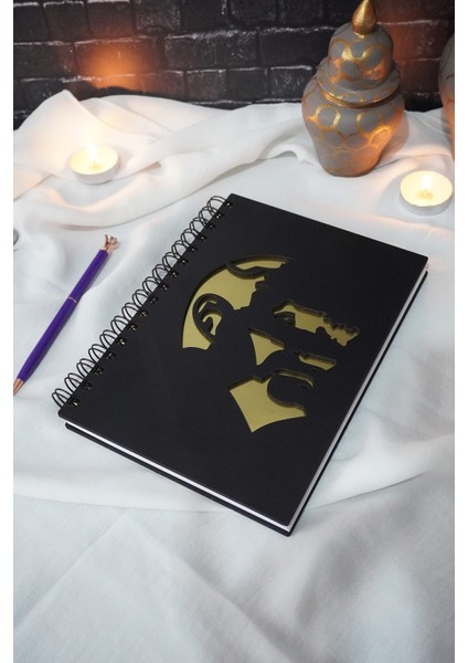 Mustafa Kemal Atatürk Siyah Ahşap Kapaklı Defter - Ajanda - Günlük - Çizgisiz Defter - A5 Notebook