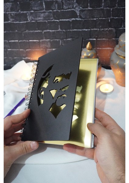 Mustafa Kemal Atatürk Siyah Ahşap Kapaklı Defter - Ajanda - Günlük - Çizgisiz Defter - A5 Notebook