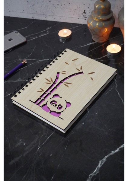 Panda Tasarımlı Ahşap Defter Günlük-Çizgisiz Defter (Ahşap Rengi Banu) A5 Spiralli Okul Defteri
