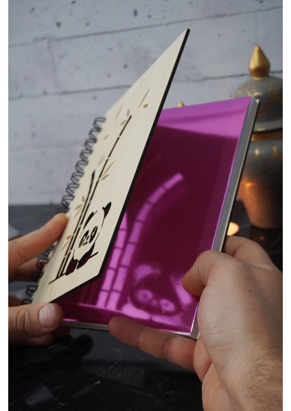 Panda Tasarımlı Ahşap Defter Günlük-Çizgisiz Defter (Ahşap Rengi Banu) A5 Spiralli Okul Defteri
