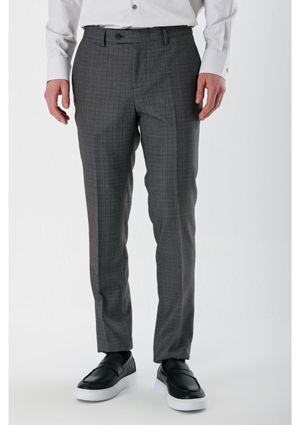 Koyu Kahverengi Desenli Pamuklu Likralı Yan Cepli Slim Fit Dar Kesim Klasik Pantolon 1003240153