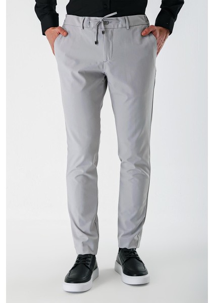 Açık Gri Likralı Yan Cepli Lastikli Slim Fit Dar Kesim Casual Pantolon 1003240155