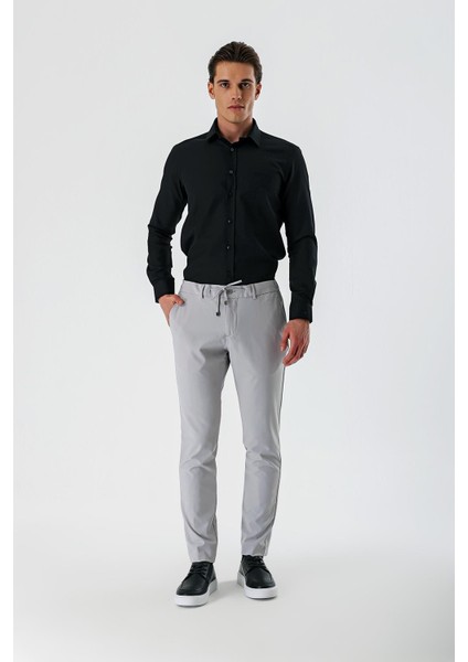 Açık Gri Likralı Yan Cepli Lastikli Slim Fit Dar Kesim Casual Pantolon 1003240155