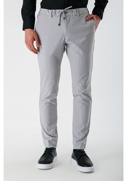 Açık Gri Likralı Yan Cepli Lastikli Slim Fit Dar Kesim Casual Pantolon 1003240155