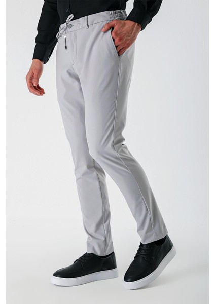 Açık Gri Likralı Yan Cepli Lastikli Slim Fit Dar Kesim Casual Pantolon 1003240155