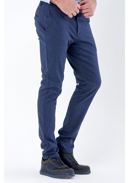 Lacivert Desenli Armürlü Yan Cepli Slim Fit Dar Kesim Casual Pantolon 1003235119