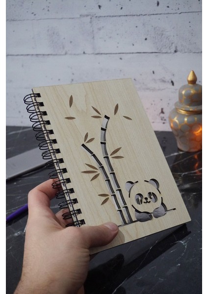 Panda Tasarımlı Ahşap Defter Günlük-Çizgisiz Defter (Ahşap Rengi Banu) A5 Spiralli Okul Defteri