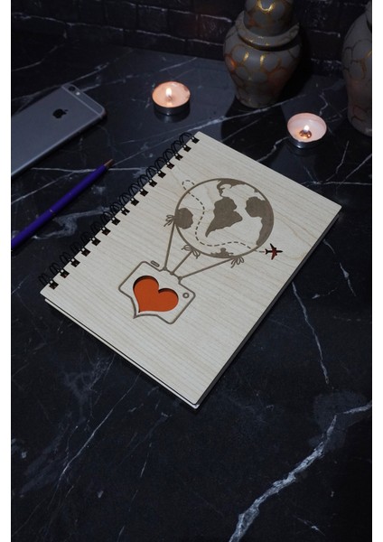 Dünyalı Balon Desenli Ahşap Defter - Ajanda - Günlük - Çizgisiz Defter (Ahşap Rengi Banu) A5