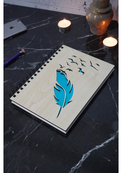 Kuş Tüy Desenli Ahşap Defter - Ajanda - Günlük - Çizgisiz Defter (Ahşap Rengi Banu) A5 Notebook
