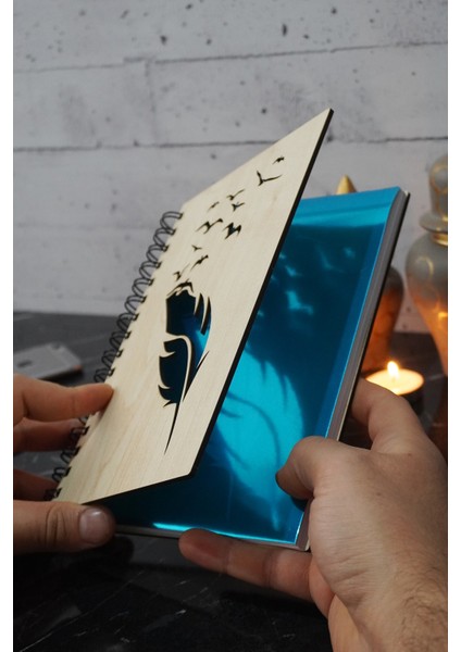 Kuş Tüy Desenli Ahşap Defter - Ajanda - Günlük - Çizgisiz Defter (Ahşap Rengi Banu) A5 Notebook