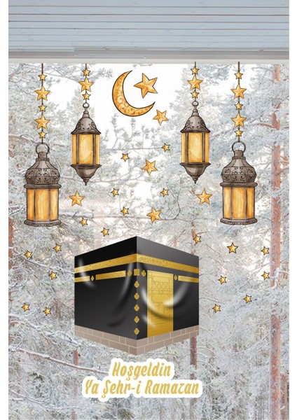Hoşgeldin Ya-Şehri Ramazan Kabe ve Fenerler Mega Boy Cam Yatak Odası Mutfak Balkon Duvar Süsü Kağıdı Stickerı