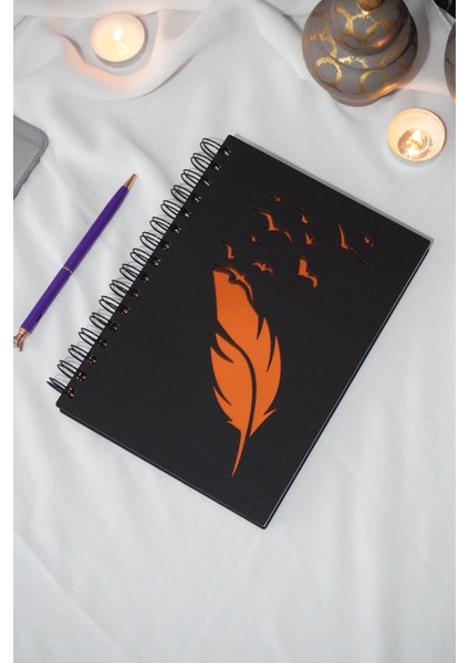 Kuşlu Tüy Tasarım Siyah Ahşap Kapaklı Defter - Çizgisiz Defter - Günlük - Ajanda - A5 Notebook