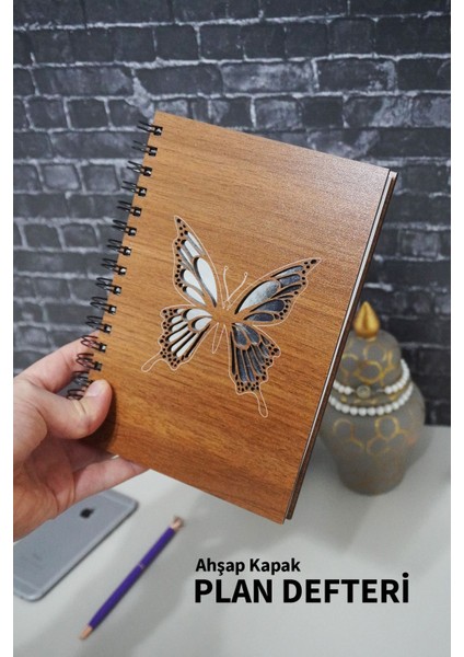 Kelebek Desenli Planlayıcı Ahşap Defter - Günlük Planlayıcı - Tarihsiz Ajanda (90 Sayfa)
