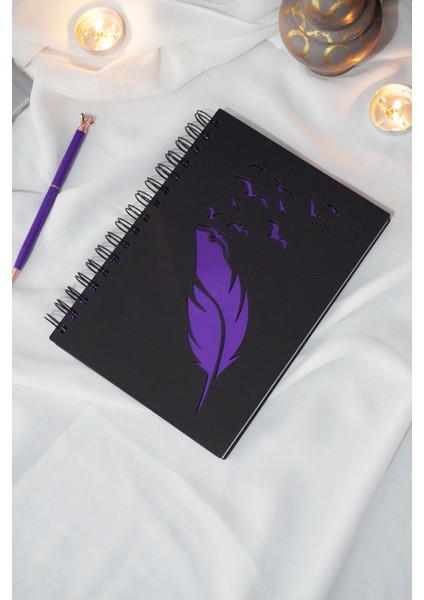 Kuşlu Tüy Tasarım Siyah Ahşap Kapaklı Defter - Çizgisiz Defter - Günlük - Ajanda - A5 Notebook