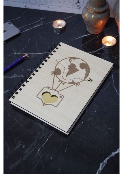 Dünyalı Balon Desenli Ahşap Defter - Ajanda - Günlük - Çizgisiz Defter (Ahşap Rengi Banu) A5