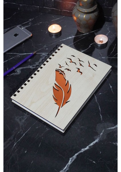 Kuş Tüy Desenli Ahşap Defter - Ajanda - Günlük - Çizgisiz Defter (Ahşap Rengi Banu) A5 Notebook