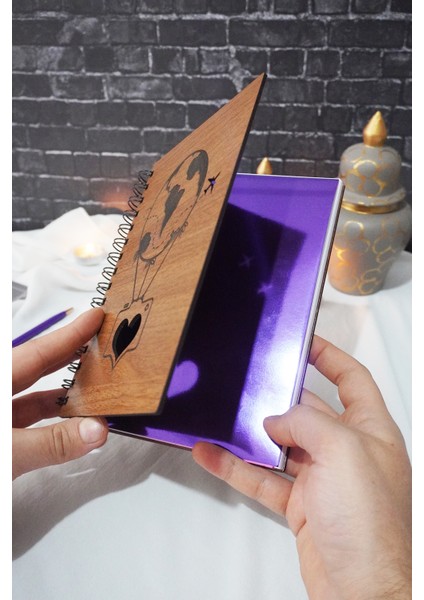Balon Desenli Ahşap Kapaklı Defter - Ajanda - A5 Spiralli Çizgisiz Defter (Ahşap Rengi Ceviz)