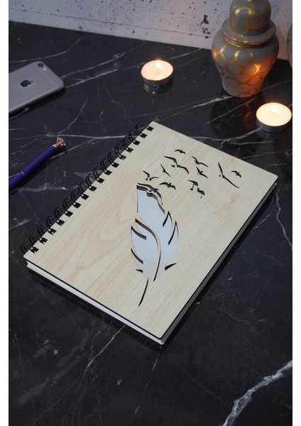 Kuş Tüy Desenli Ahşap Defter - Ajanda - 120 Sayfa Çizgisiz Defter (Ahşap Rengi Banu) A5 Notebook