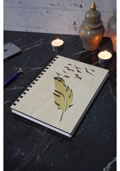 Kuş Tüy Desenli Ahşap Defter - A5 Spiralli - Günlük - Çizgisiz Defter (Ahşap Rengi Banu) A5 Notebook