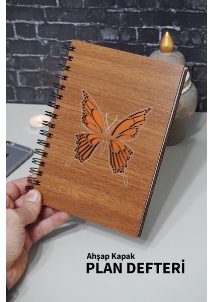 Kelebek Desenli Planlayıcı Ahşap Defter - Günlük Planlayıcı - Tarihsiz Ajanda (90 Sayfa)