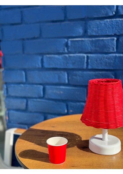 Kırmızı Rattan & Bambu Masa Üstü Kablosuz Pilli Abajur Masa Lambası Alt Ayak Beyaz