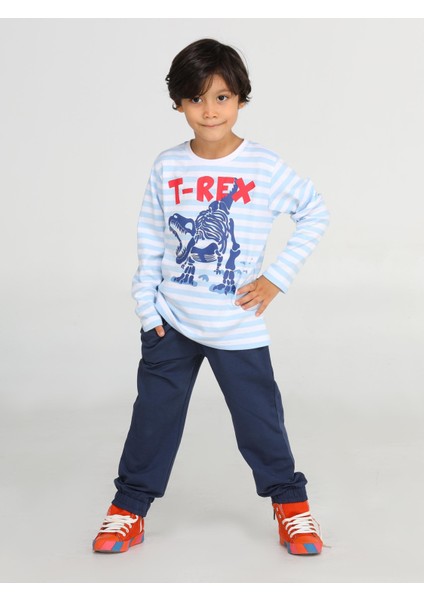Mavi Çizgili T-Rex Erkek Çocuk Pantolon Takım