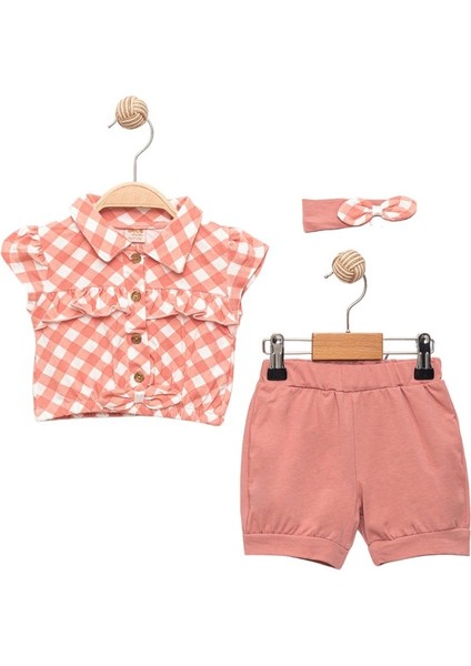 Yakalı Kareli Bandanalı Kız Takım Pembe Renk Alt Üst Bandana Takım