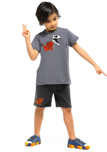 Wild Dino Gri Denim Şort + T-Shirt Takım