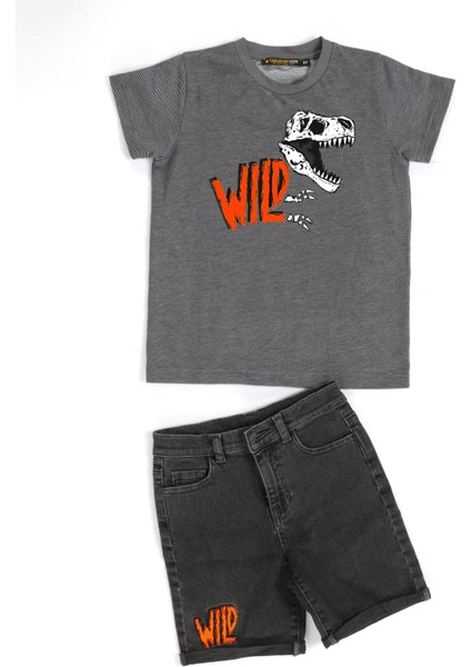 Wild Dino Gri Denim Şort + T-Shirt Takım