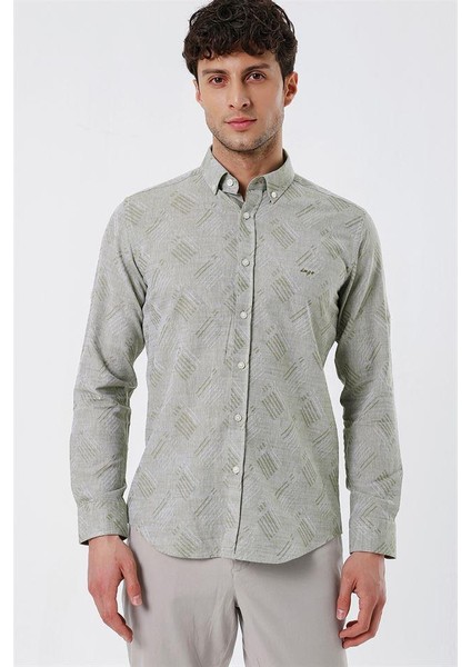 Koyu Haki Kısalabilir Kollu Desenli Jakarlıcepsiz %100 Pamuk Casual Slim Fit Gömlek 1004230182