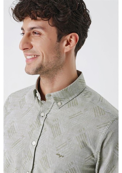 Koyu Haki Kısalabilir Kollu Desenli Jakarlıcepsiz %100 Pamuk Casual Slim Fit Gömlek 1004230182 indirimleri