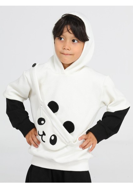 Panda Unisex Mobil Çantalı Krem Sweatshirt