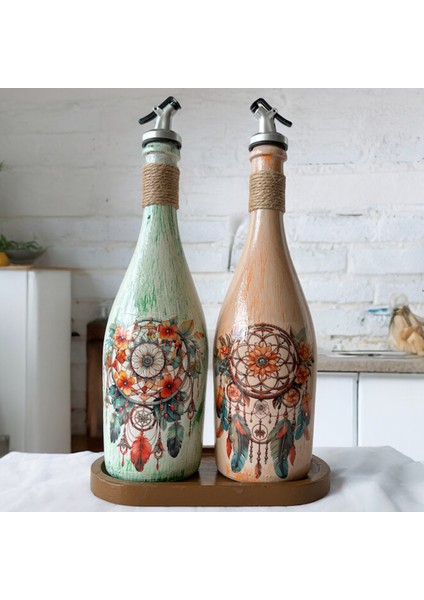 Özel Tasarım Düşkapanı Desenli Sunum Stantlı 2'li 750 ml Zeytinyağı Sıvıyağ Şişesi Yağdanlık Yağlık