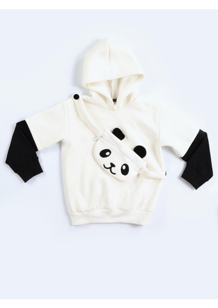 Panda Unisex Mobil Çantalı Krem Sweatshirt