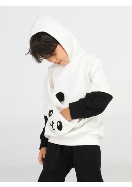 Panda Unisex Mobil Çantalı Krem Sweatshirt