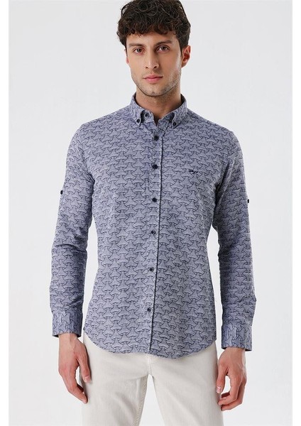 Koyu Lacivert Kısalabilir Kollu Desenli Jakarlıcepsiz %100 Pamuk Casual Slim Fit Gömlek 1004230181
