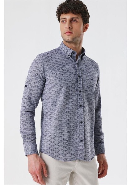 Koyu Lacivert Kısalabilir Kollu Desenli Jakarlıcepsiz %100 Pamuk Casual Slim Fit Gömlek 1004230181 fiyatları