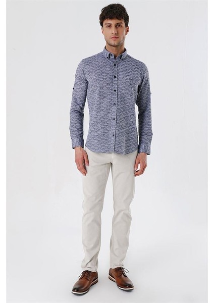Koyu Lacivert Kısalabilir Kollu Desenli Jakarlıcepsiz %100 Pamuk Casual Slim Fit Gömlek 1004230181 fırsatları