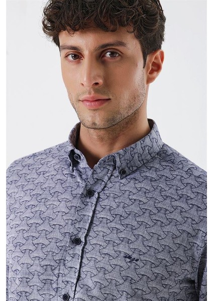 Koyu Lacivert Kısalabilir Kollu Desenli Jakarlıcepsiz %100 Pamuk Casual Slim Fit Gömlek 1004230181 indirimleri