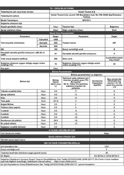 NF27011 251 Lt E Enerji Sınıfı No-Frost Buzdolabı