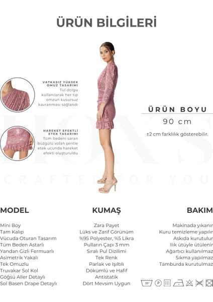 Cindy | Pul Payetli Tek Kol Fırfırlı Etek Mini Slim Abiye Elbise - Pudra modelleri