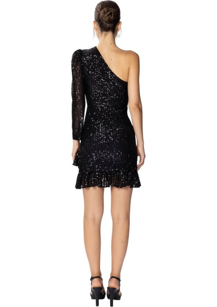 Cindy | Payetli Tek Kol Mini Slim Abiye Elbise Asimetrik Yaka Fırfırlı Etek - Siyah indirimleri