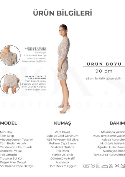 Cindy | Pul Payetli Tek Kol Asimetrik Yaka Fırfırlı Etek Mini Slim Abiye Elbise - Bej modelleri