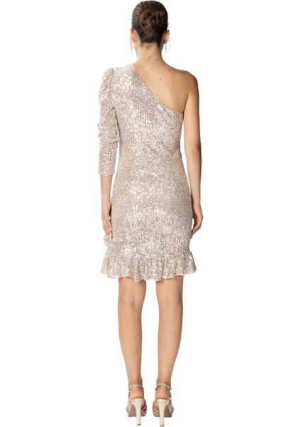 Cindy | Pul Payetli Tek Kol Asimetrik Yaka Fırfırlı Etek Mini Slim Abiye Elbise - Bej indirimleri